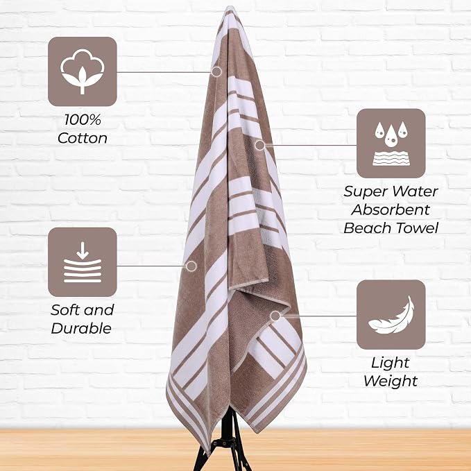 Superior Cotton Cabana Striped Beach Towels, Colorful Towels for Adult, Kid, Pool, Swimming, Sand, Travel, Large Oversized, Absorbent, Fast Drying, Bath Basics, Cabana Collection, 1 Piece, Taupe - Image 3