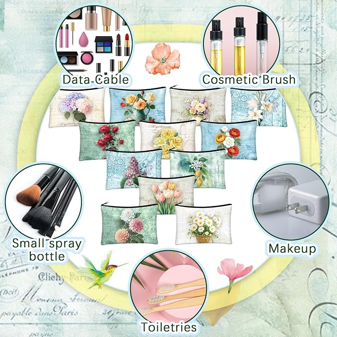 Sweetude 12 Pcs Flower Makeup Bag Bulk Portable Travel Cosmetic Bags with Zipper Rustic Colorful Floral Waterproof Roomy Travel Toiletry Organizer Storage Pouch for Women Tea Party Gifts - Image 4