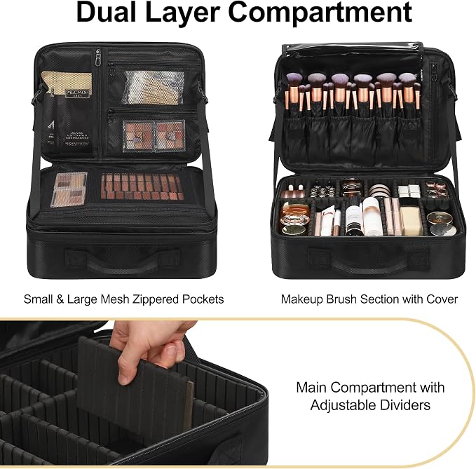 Relavel Makeup Case Large Makeup Bag Professional Train Case 14 inches Travel Cosmetic Organizer Brush Holder Waterproof Makeup Artist Storage Box, 2 Layer Large Capacity, with Adjustable Strap - Image 4