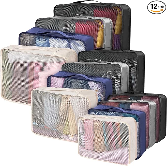 Silkfly 12 Pcs Packing Cubes for Suitcase Travel Luggage Bags Bulk Mesh Organizer Set for Hiking Camping Backpacking Clothes Accessories (Dark Colors,XL, L, M Size) by Silkfly