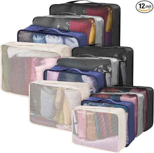 Silkfly 12 Pcs Packing Cubes for Suitcase Travel Luggage Bags Bulk Mesh Organizer Set for Hiking Camping Backpacking Clothes Accessories (Dark Colors,XL, L, M Size) by Silkfly