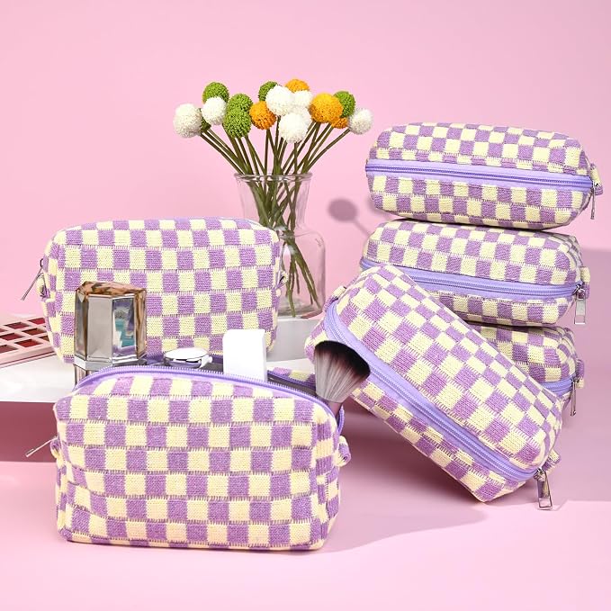 SOIDRAM Checkered Makeup Bag Preppy Cosmetic Bag Bulk Purple Makeup Pouch Personalize Travel Toiletry Bag Organizer Cute DIY Makeup Brushes Storage Bag for Women - Image 5