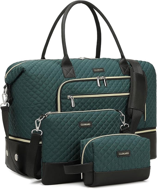 Weekender Bags for Women Travel, Under Seat Carry On Bags for Airplanes Overnight Bag with Shoe Compartment Luggage Sleeve, Foldie Travel Tote Bag Hospital Bag, Travel Gifts, DarkGreen Black by Unknown
