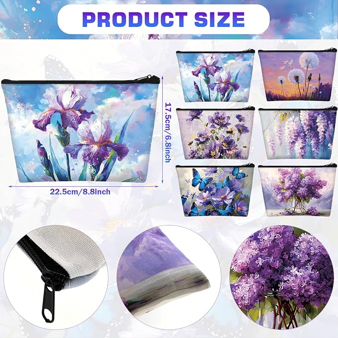 Sweetude 12 Pcs Purple Flowers Makeup Bags Bulk Purple Portable Travel Cosmetic Bag with Zipper Oil Painting Floral Waterproof Roomy Travel Toiletry Organizer Storage Beauty Pouch for Women Gifts - Image 3