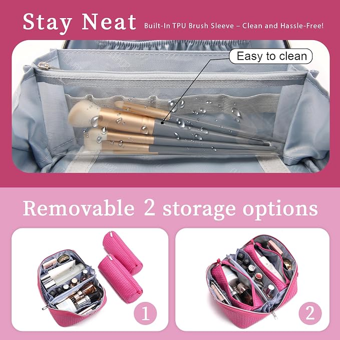BOYATU Travel Makeup Bags for Women: Large Capacity Make up Bag with Wide Opening - 3 Pcs Set Waterproof Travel Toiletry Organizer for Full-Sized Bottles, Cosmetics & Brushes (Plum-W) - Image 4