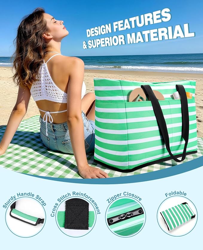 ISEYOU Beach Bag with Cooler, 49L Large Waterproof Sandproof Tote with Zipper, Foldable Travel Bag for Beach, Pool, Picnic - Image 7