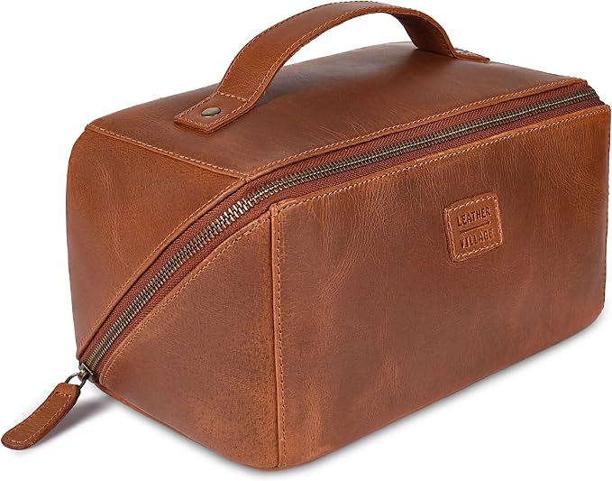 LEATHER VILLAGE Genuine Leather Travel Dopp Kit for Men & Women – Open Flat Large Capacity Cosmetic Bag with Water-Resistant Lining – Skin Care, Brushes, Shaving & Bathroom Essentials Organizer- Tan by LeatherVillage