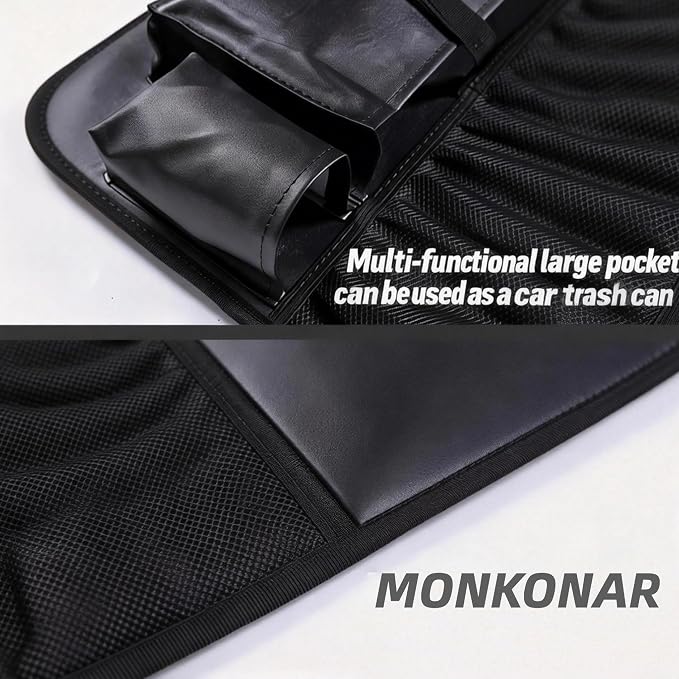 2PACK Leather Car Backseat Organizer with Tablet Holder - 9 Large Storage Pockets, Foldable Food Tray & Anti-Scratch Kick Mats - Universal Car Seat Protector for Kids, Pets & Travel Accessories - Image 3