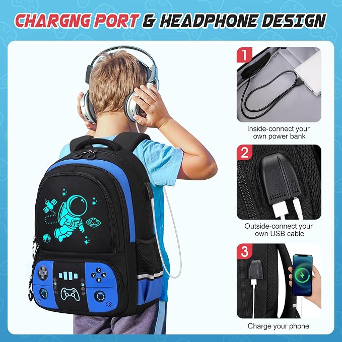 Bevalsa Backpack for School Boys, Cool Luminous Gamer Boys Schoolbag with Lunch Box & Pencil Case Set for Kids Teens Elementary Middle School, Bookbag Glow In The Dark(Blue Astronaut Backpack) - Image 6