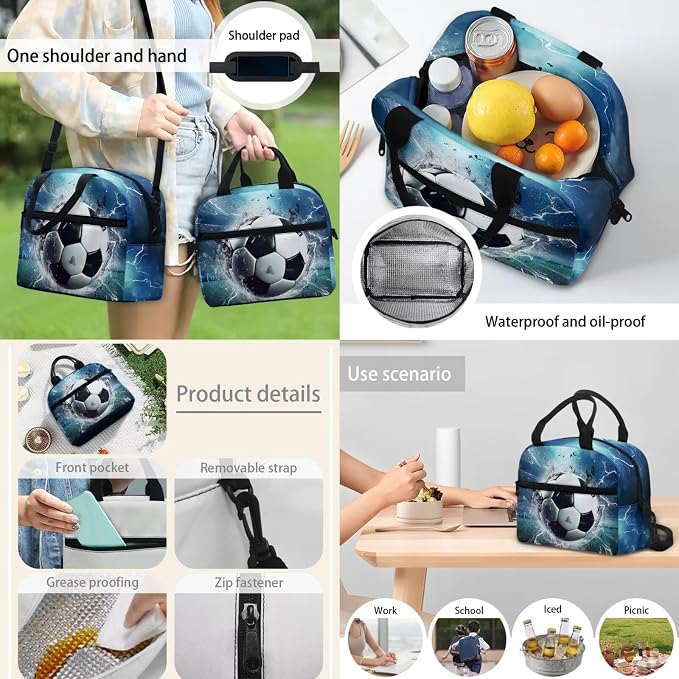 Boys Soccer Football Blue Lightning Galaxy Book Bag Set 4 In 1 Schoolbag Carry on Backpack Large Capacity Daypack Knapsack Rucksack Insulated Lunch Bag Aesthetic Cosmetic Makeup Bag - Image 5