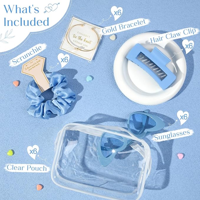 DEEKA 30 Pcs Bridesmaid Proposal Bag Set Gift Clear Makeup Toiletry Bag Bachelorette Party Favors Sunglasses Hair Claw Clips Scrunchies Knot Bracelets Bridal Wedding Party Gifts (Blue) - Image 2