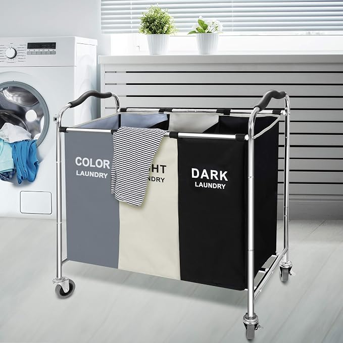 Laundry Basket with Wheels, 240l Laundry Hamper with 3 Section Laundry Bag for Dirty Clothes, Dorm Room Essentials, Towel Organization & Toys Storage Laundry Cart in Laundry Room Organization - Image 7