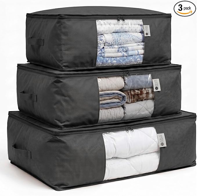 Cedar Storage Bag Organizer for Bedding Set - Protects from Moths, Moisture, Dirt & Dust - Set of 3 Storage Bags for Bed Sheets, Comforter, Pillows & More - Space-Saving Bedding Organizer, Black by HOLDN%E2%80%99STORAGE