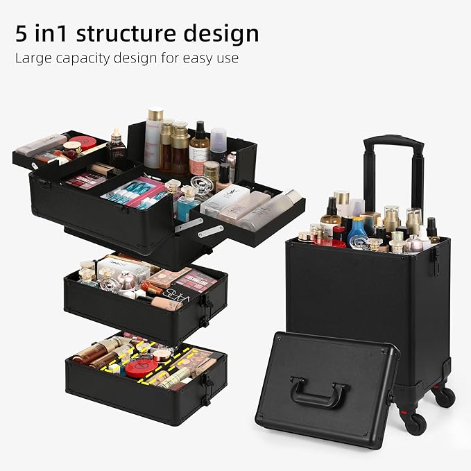 Somduy Rolling Makeup Case, Makeup Train Case with Lid, 5 in 1 Cosmetology Case on Wheels, Christmas Gift, Large Makeup Organizers, Profesional Cosmetic Case for Salon Barber, Black - Image 4
