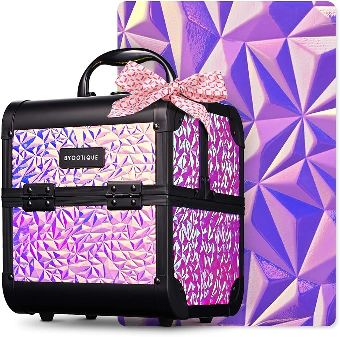 BYOOTIQUE Mini Makeup Train Case with Mirror 2 Tier Trays Box Makeup Artist | Aluminum Portable Travel Makeup Case Organizer Box Lockable Suitcase Cosmetic Storage Hairstylist Nail Tech Mermaid Pink by BYOOTIQUE