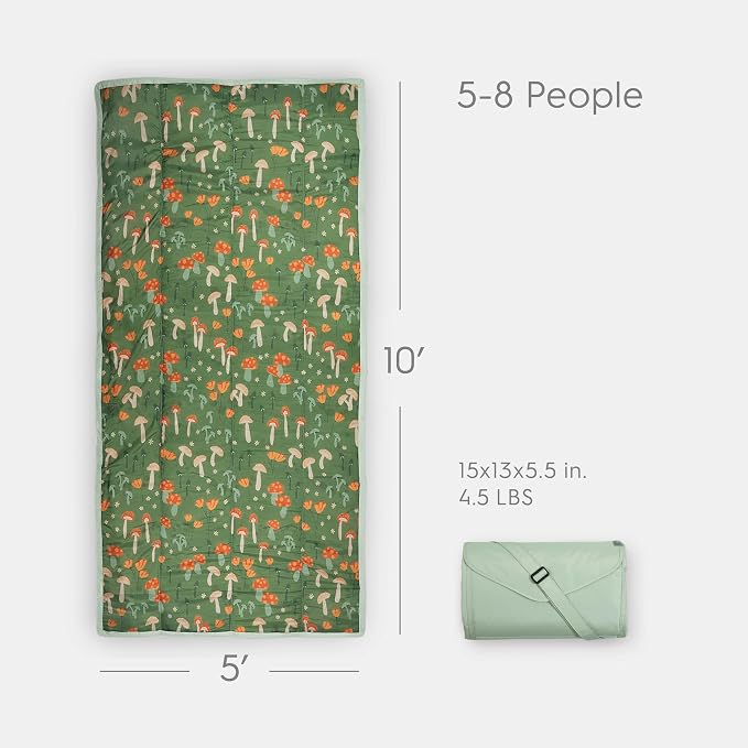 Little Unicorn 5'x10' XL Outdoor Family Picnic & Beach Blanket | Durable & Water-Resistant Fabric | Compact Fold & Easily Wipes Clean | Zipper Pocket (Woodland Mushroom) - Image 2