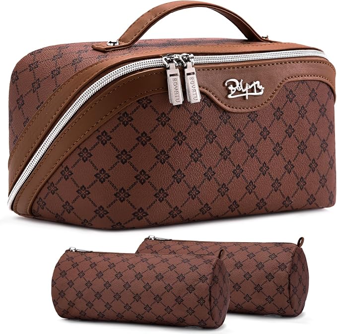 BOYATU Travel Makeup Bag Cosmetic Bags for Women: 3 Pcs Set Large Capacity Make up Bag with Handle - Vegan Leather Toiletry Bags with Compartments - Makeup Organizer for Travel Essentials(A-6-Brown) by BOYATU