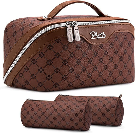 BOYATU Travel Makeup Bag Cosmetic Bags for Women: 3 Pcs Set Large Capacity Make up Bag with Handle - Vegan Leather Toiletry Bags with Compartments - Makeup Organizer for Travel Essentials(A-6-Brown) by BOYATU