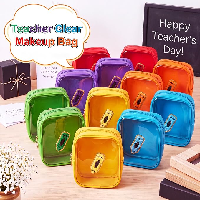 12 Pack Crayon Embroidery Clear Makeup Bag, Cute PVC Cosmetic Pouch with Colorful Crayon Patch 6 Colors, Small Waterproof Leather Travel Bag for Women, Teacher Appreciation Gift Set - Image 4
