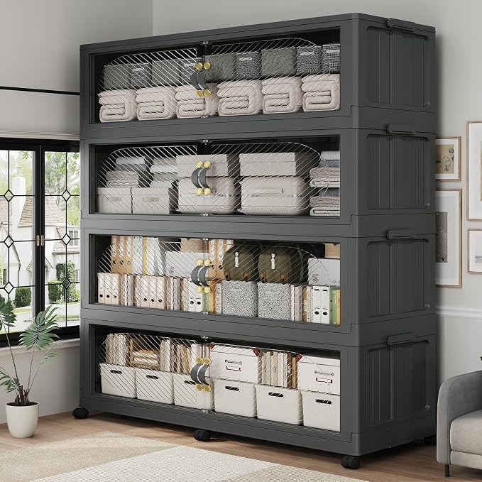 320Gal/1280QT 4-Tiers Extra Large Stackable Storage Bins with Lid, Collapsible Cabinet Closet Organizer Plastic Container Box with Wheels Doors Drawers for Office Dorm Kitchen, Black by Unknown
