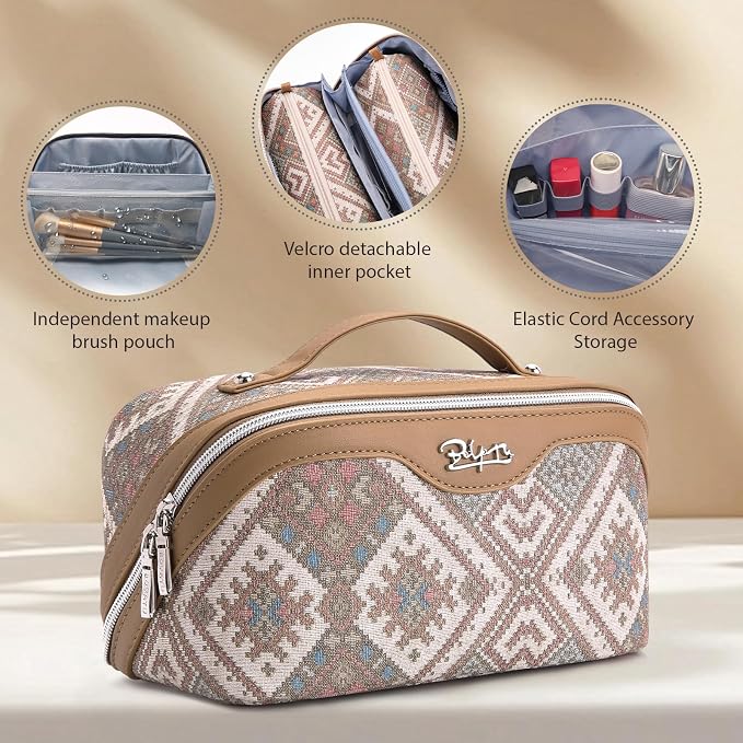 BOYATU Travel Makeup Bag Organizer: Boho Large Capacity Cosmetic Bag Sets | 3Pcs Waterproof Leather Toiletry Bags | 180°Open Flat Make up Case with Compartments | Western Travel Essentials for Women - Image 2