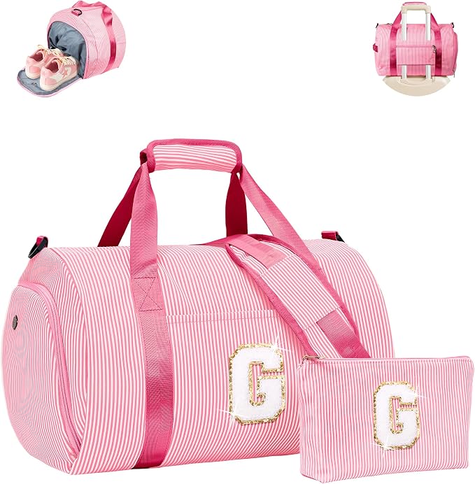 Dance Recital Gifts, Girls Travel Duffle Bag, Kids Initial Overnight Bags with Shoe Compartment, Personalized Weekend Bag with Makeup Pouch, 9 Year Old Girl Birthday Gift (Letter G) by Vogewood
