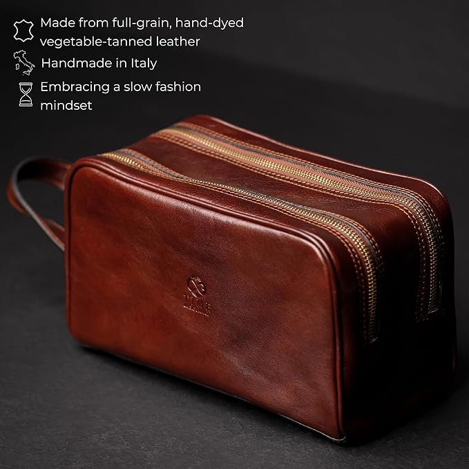 Time Resistance Leather Cosmetic Bag - Italian Toiletry Dopp Kit (Brown) - Image 4