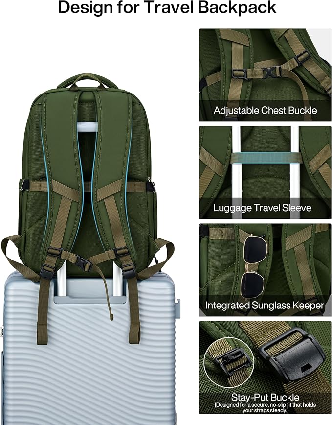 MILADA Travel Backpack for Women&Men,Expandable 28L to 39L,Fits 17" Laptop | Airline Approved Carry-On, Personal Item Backpack, Lightweight Business Rucksack Weekender Bag, Green - Image 5