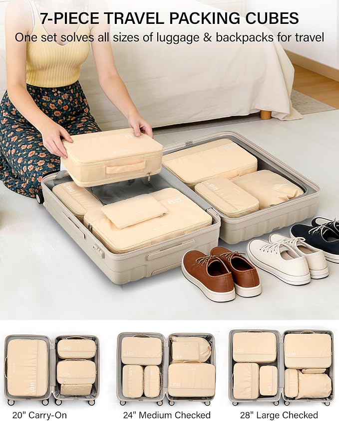 Hanke 7 Piece Expandable Compression Packing Cubes, Premium Travel Packing Organizers for Suitcases/Carry On, Luggage Organizer Bags with Breathable Mesh & Label,Off White - Image 8