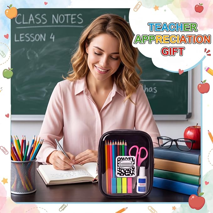 12 Pack Teacher Clear Makeup Bag, Cute PVC Transparent Cosmetic Bag with Embroidery Patterns Small Waterproof Nylon Travel Pouch for Women, Teacher Appreciation Gift Set, 6 Styles - Image 5