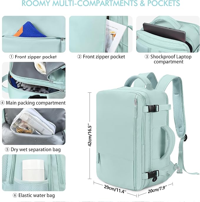 Beraliy Travel Backpack for Women, Airline Approved Bag, 16 inch Laptop Waterproof Hiking Backpack, Casual College Daypack, Weekender Bag, Mint Green - Image 6