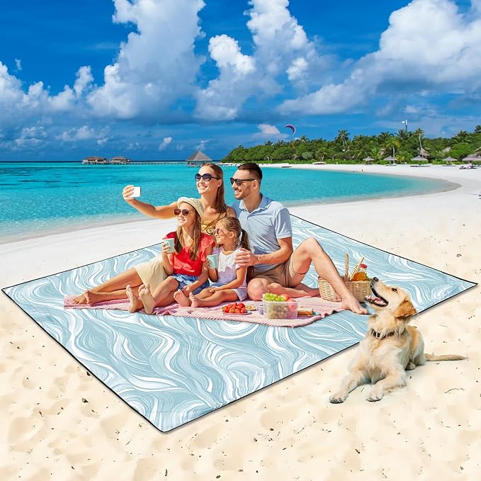 HIHOHO Beach Blanket Waterproof Sandproof Beach Mat for 1-8 Adults Quick Drying Durable Outdoor Picnic Mat for Beach Festival Travel Camping Hiking (Ocean Wave-Dark BL, 79"×83"(4 Person)) - Image 4