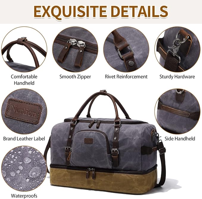 Nerlion Weekender Bag with Shoe Compartment Large Overnight Bag for Men Canvas Genuine Leather Carry on Luggage Bag Travel Duffel Bag(Gray) - Image 5
