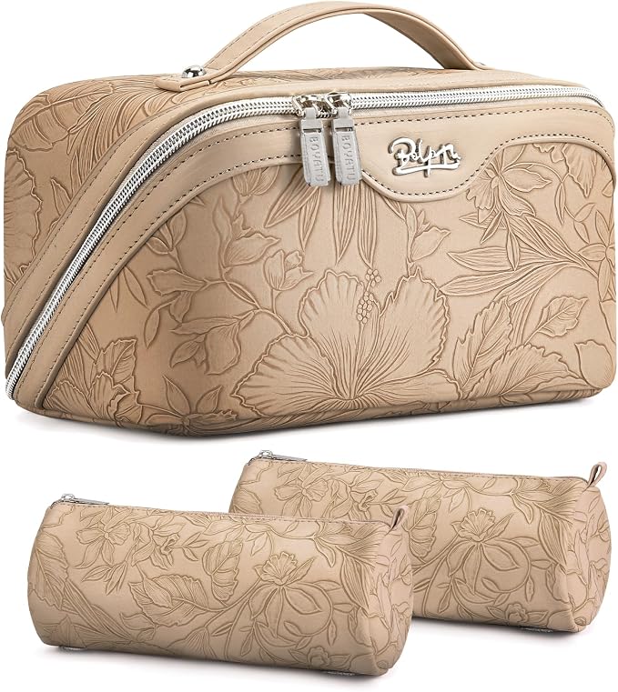 BOYATU Travel Makeup Bags Cosmetic Organizer Bag: 3-Set Large Capacity Make up Bag - PU Leather Toiletry Bags for Women - Wide Open Portable Pouch with Divider & Handle (02-Light Brown) by BOYATU