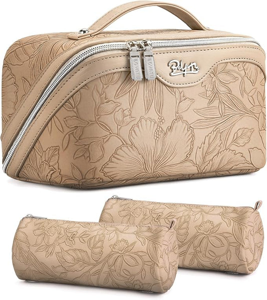 BOYATU Travel Makeup Bags Cosmetic Organizer Bag: 3-Set Large Capacity Make up Bag - PU Leather Toiletry Bags for Women - Wide Open Portable Pouch with Divider & Handle (02-Light Brown) by BOYATU