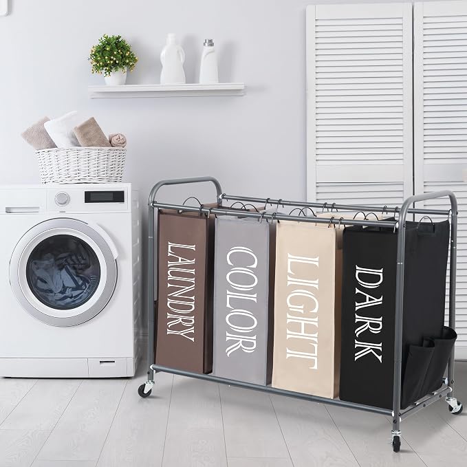 STORAGE MANIAC Laundry Sorter 4 Section, 47.5 Gal (180 L) Laundry Hamper with Wheels, Clothes Divider Basket Sorter, Separator Hamper Cart with Removable Bags, Multicolored - Image 6