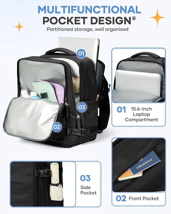 coofay Large Black Travel Backpack Carry on Flight Approved Mochila De Viaje Personal Item Backpack for Airlines Frontier Airlines Personal Item Bag Large Backpacks for Travel Backpacks for Men Women - Image 4