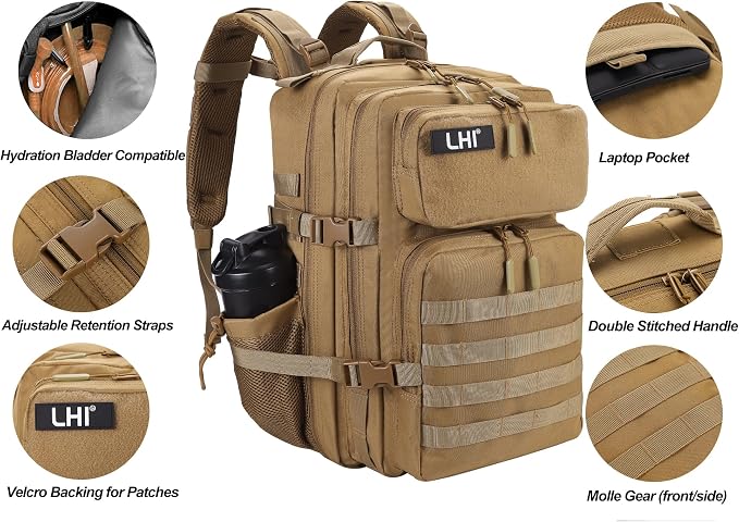 LHI Military Tactical Backpack for Men and Women 45L Army 3 Days Assault Pack Bag Large Rucksack with Molle System - Image 4
