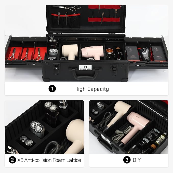 Large Barber Case Organizer, Professional Barber Briefcase with 6 Clipper Slots & 8 Shear Holders, Sliding Tray, 20" Aluminum Barber Carrying Tool Case for Clippers, Scissors, Trimmers & Supplies - Image 7