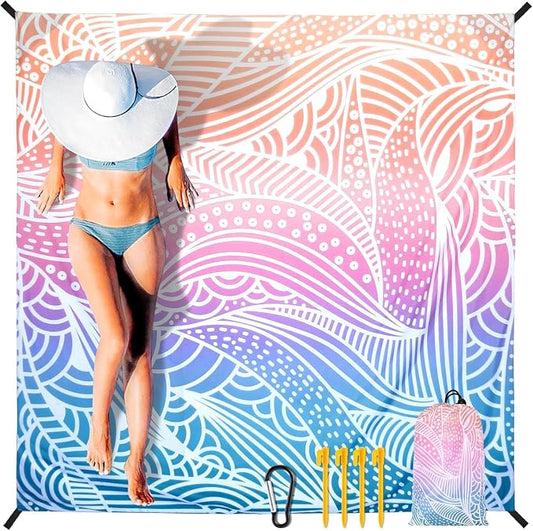 WIWIGO Beach Blanket Sandproof Extra Large Beach Mat Adults Waterproof Quick Drying Sand Free Mat Made by Premium Polyester with 4 Stakes & 4 Corner Pockets for Outdoor Travel Camping Hiking by WIWIGO