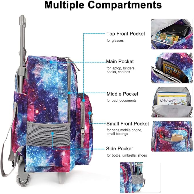 Tilami Rolling Backpack 18 inch Double Handle with Lunch Bag Wheeled Kids Backpack for Girls and Boys, Galaxy - Image 4
