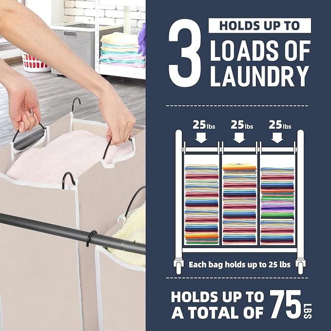 STO STO Laundry Sorter 3 Section, 3 Bag Clothes Hamper, Rolling Laundry Cart Basket with Heavy Duty Lockable Wheels and Removable Bag for Laundry Room, Bedroom, Closet, Beige - Image 4