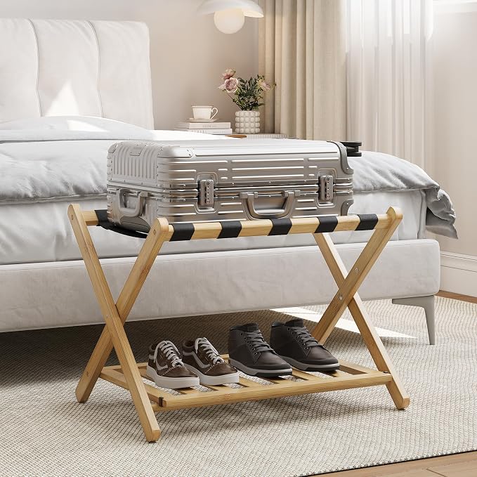Smart FENDEE Fully Assembled Bamboo Luggage Rack, Heavy Duty Folding Suitcase Stand with Storage Shelf, Guest Room Essentials, Ideal for Bedroom, Hotel, Natural by SmartFENDEE