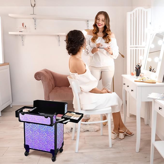 BYOOTIQUE Rolling Makeup Case Cosmetology case on wheels Makeup Artist Nail | Aluminum Rolling Makeup Suitcase with 360° Detachable Wheel Lockable 44Lb Large Capacity Organizer Nail Tech Mermaid Purple - Image 9