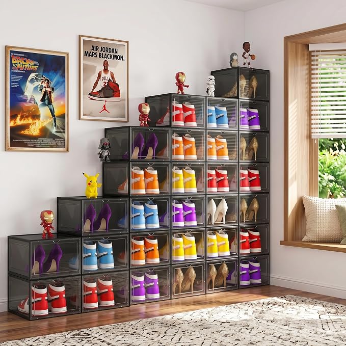 Large Black Shoe Storage Boxes Stackable, 12 Pack Hard Plastic Shoe Storage Organizer with Magnetic Door, Shoe Container Sneaker Storage Display Case Fit up to US Size 12 Black - Image 5