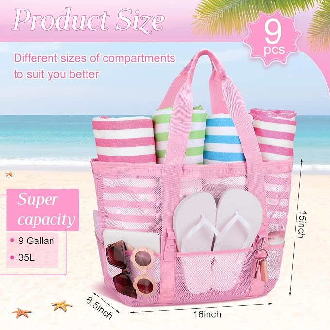 Hillban Large Beach Mesh Bags Bulk for Women Beach Tote Bag with 8 Pocket Zipper Waterproof Sandproof for Pool Cruise Ship - Image 2