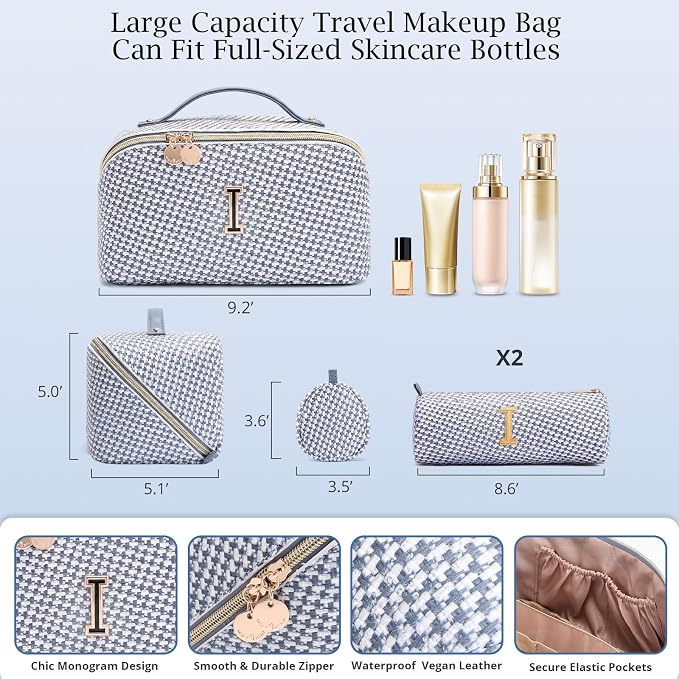 Personalized Gift Travel Makeup Bag: Initial Makeup Organizer Bag for Women | 3-in-1 Custom Make up Bag Set - Vegan Leather Travel Cosmetic Bag - Luxury Gift for Women – Birthday, Anniversary, Graduation - Image 6