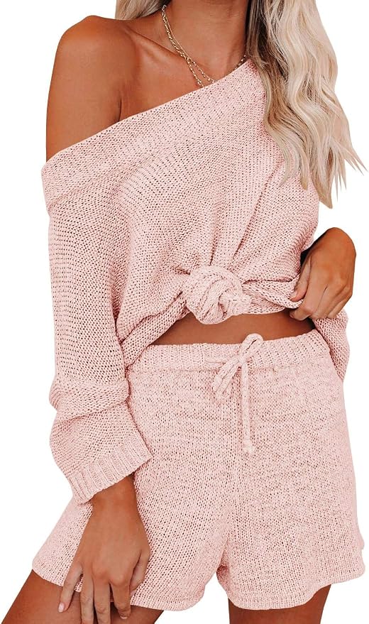 Ermonn Womens 2 Piece Outfits Sweater Sets Off Shoulder Knit Tops Waist Short Suits Casual Pajama Set - Image 2