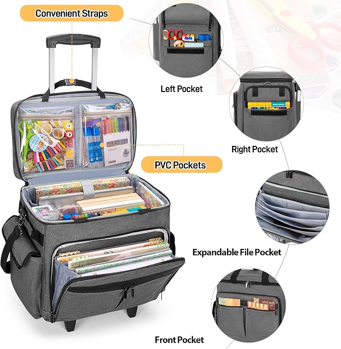 Trunab Rolling Scrapbook Tote with File Pocket & Trolley, Craft Organizer | Expandable File Pocket, Detachable Trolley, Padded Sleeves for 15.6" Laptop, Scrapbooking Supplies & Art Tools - Image 3
