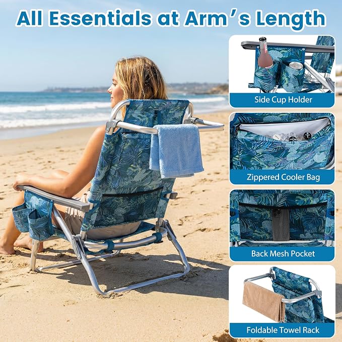 Giantex Folding Beach Chair, Patio Sling Chairs with 5 Adjustable Position, Head Pillow, Storage Bag, Towel Bar, Cup Holders, Backpack Chairs for Sunbathing, Camping Chair - Image 4